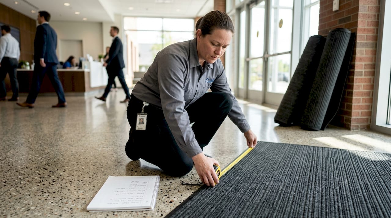 Worker measures entry mat coverage zone