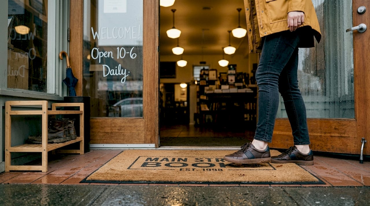 Customer entering, using custom logo mat