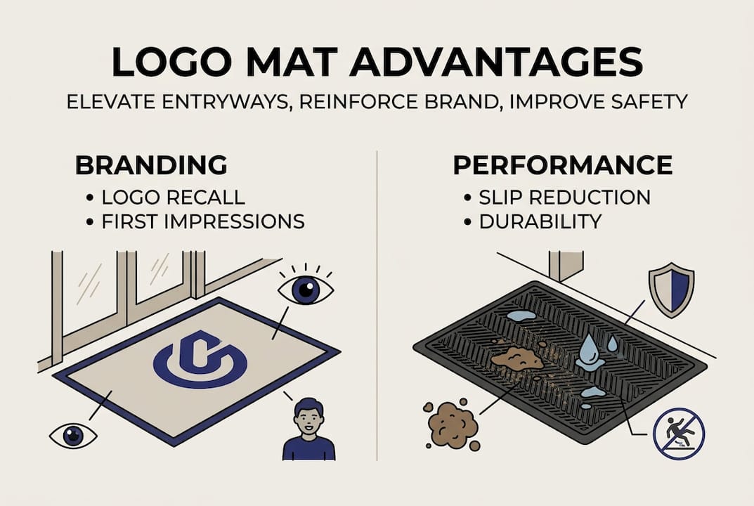 Infographic showing custom logo mat key benefits