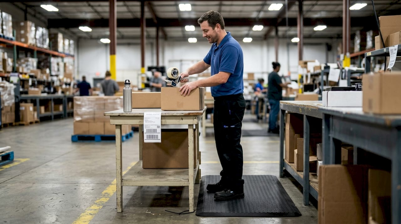 Warehouse worker standing on anti-fatigue mat