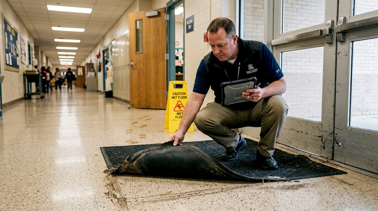 Safety officer checks mat for slip resistance