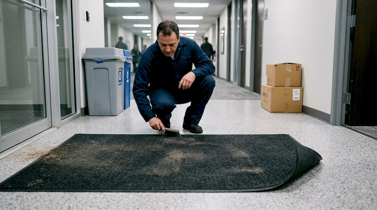 Janitor inspecting interior nylon entrance mat