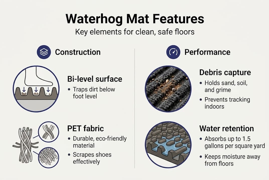 Infographic showing Waterhog mat key features