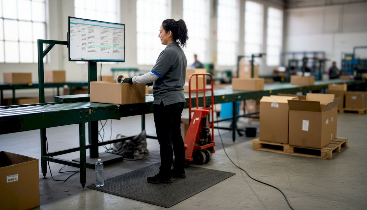 Worker standing on anti-fatigue mat packing boxes