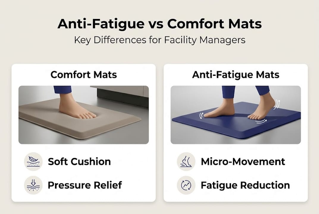 Infographic contrasting comfort and anti-fatigue mats