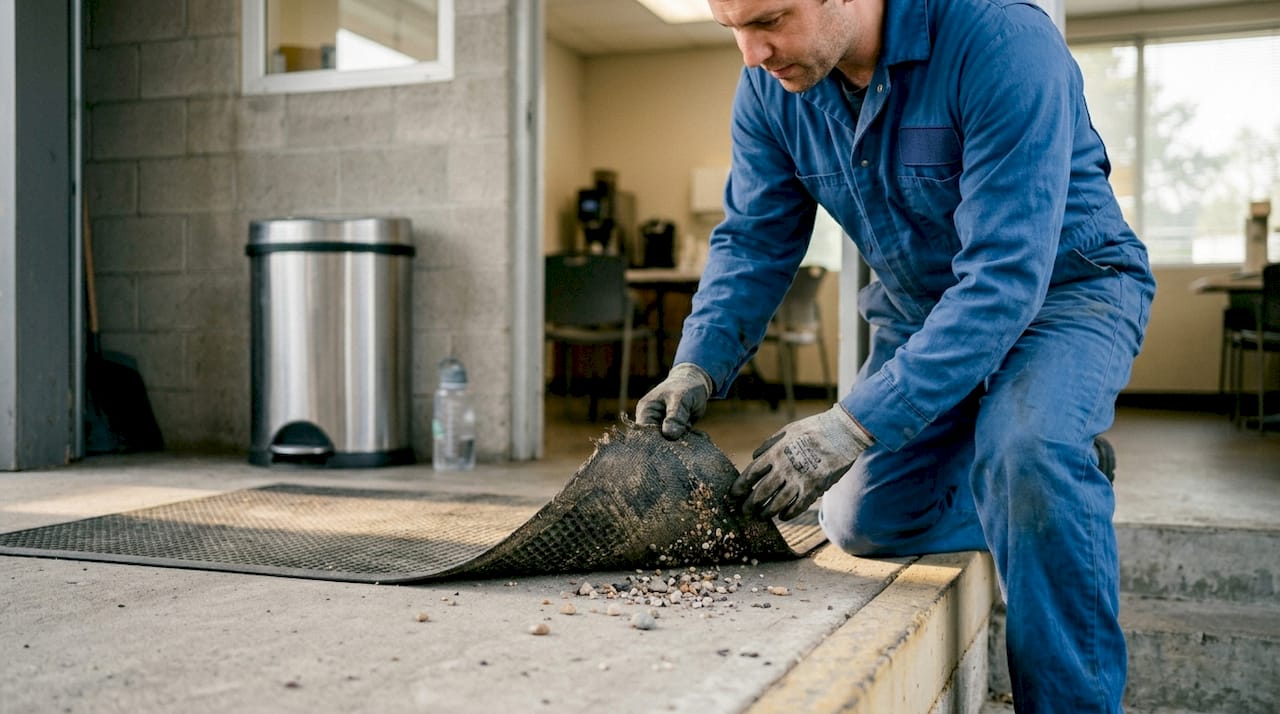 Worker inspects worn mat with frayed edge