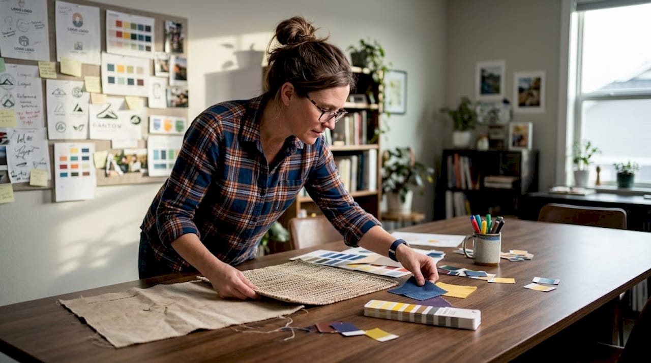 Designer checking mat sample against color swatches