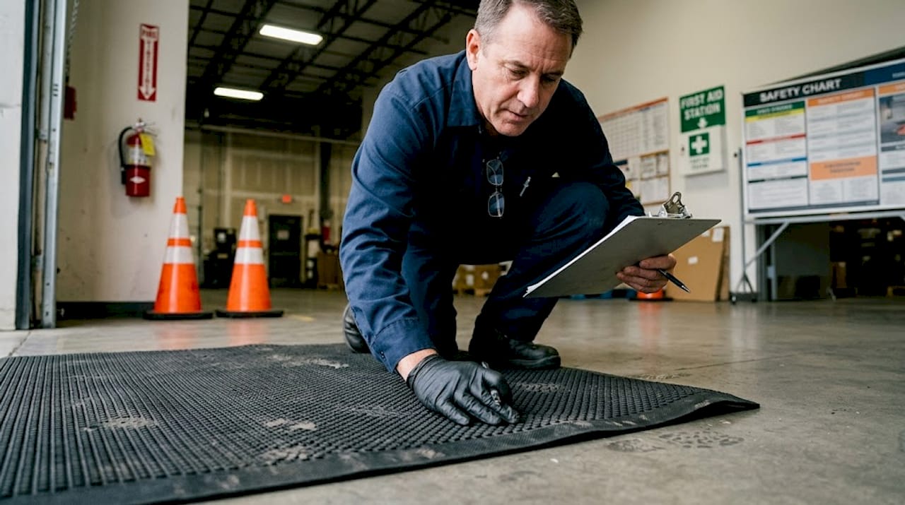 Manager inspecting slip-resistant warehouse mat