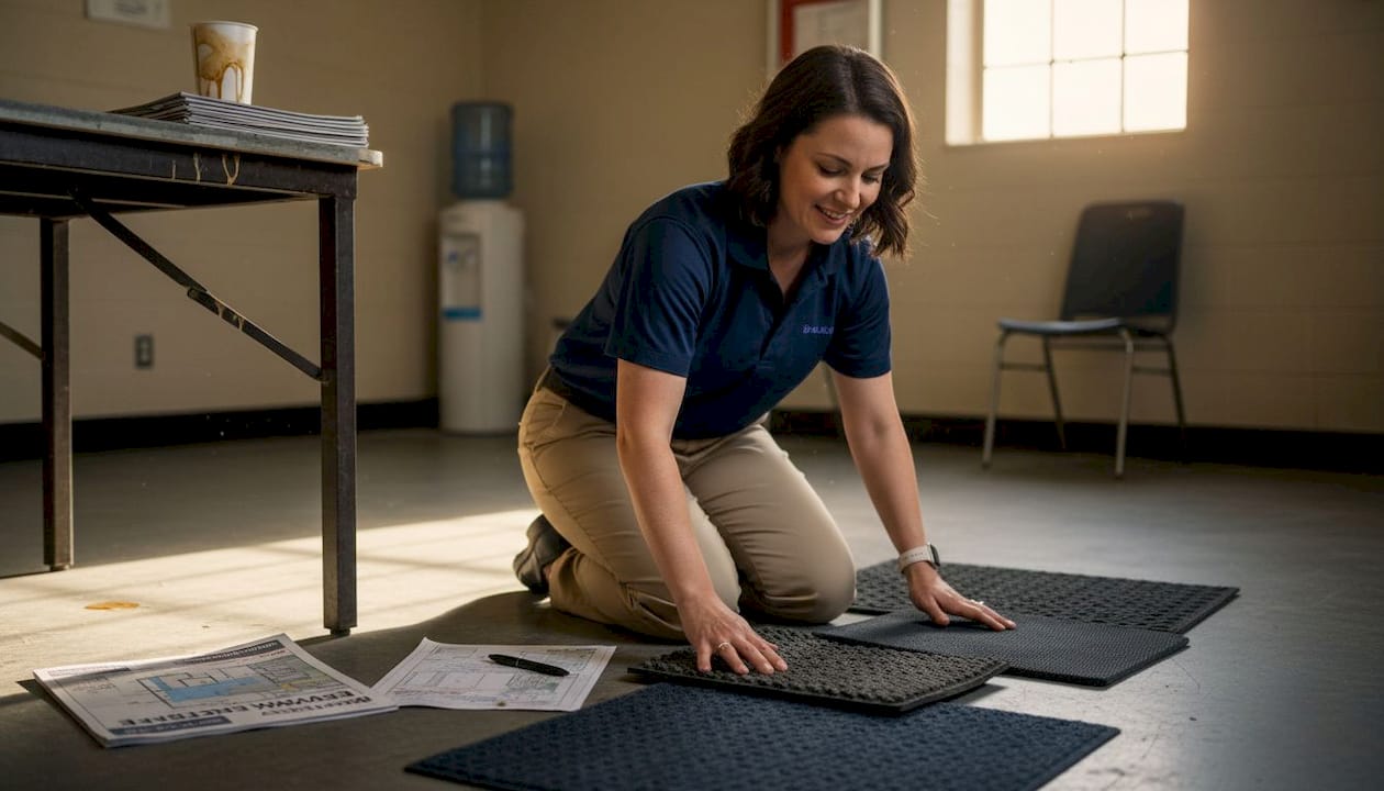 Supervisor comparing industrial mat samples by hand