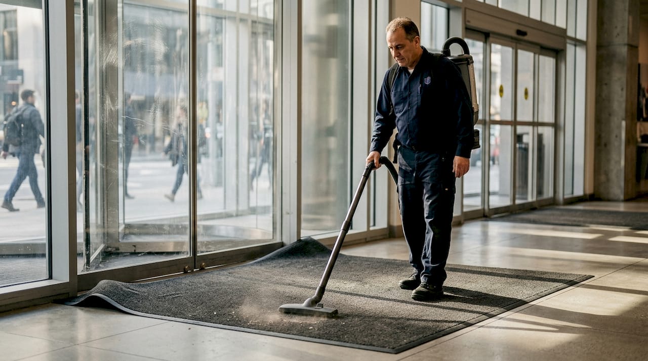 Janitor vacuuming indoor entry mat area