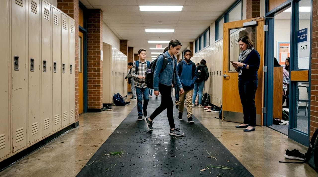 Students walk across durable rubber school mat