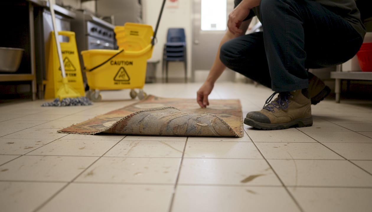 Curled latex-backed runner rug hazard example