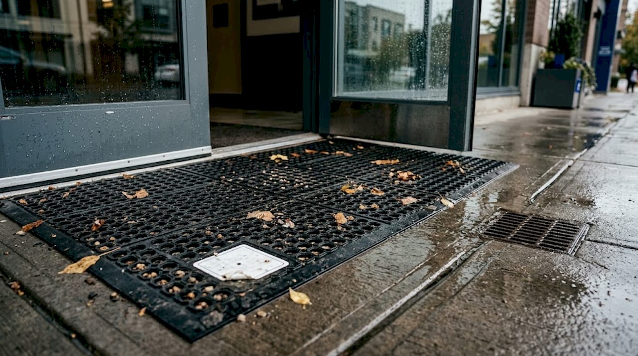 Outdoor mat draining water after rain
