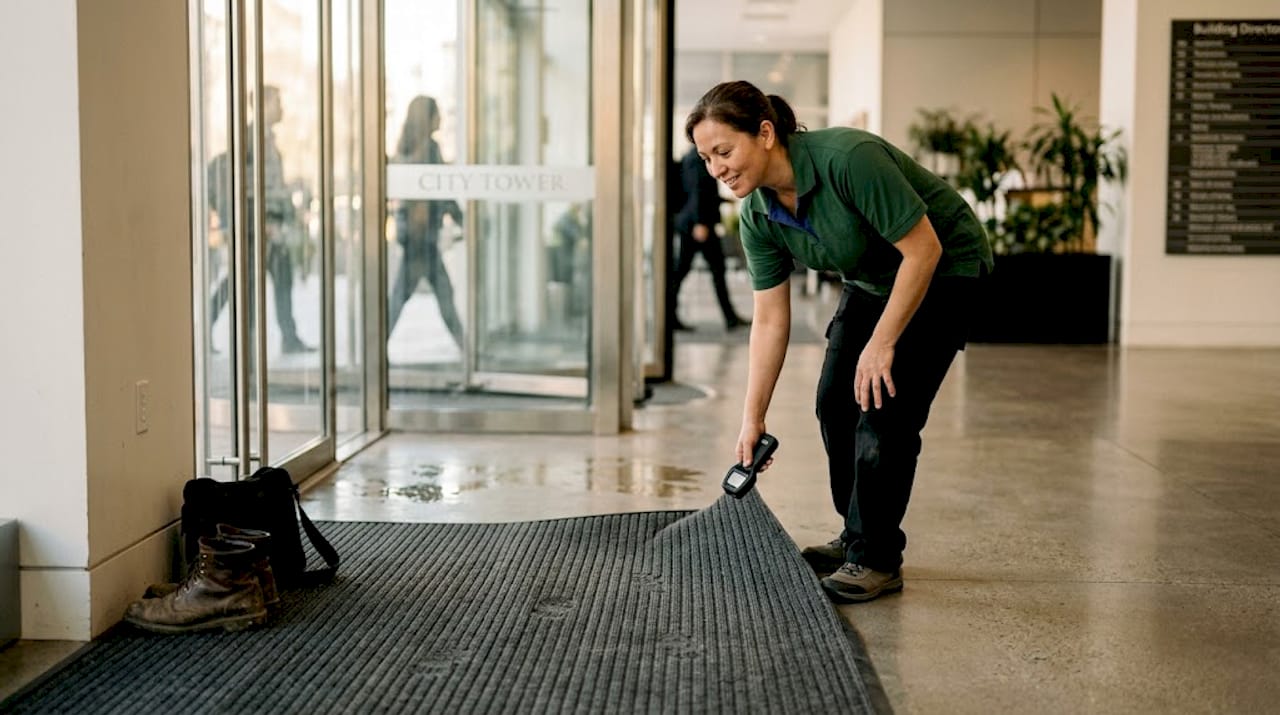 Janitor fixing entry mat near building entrance