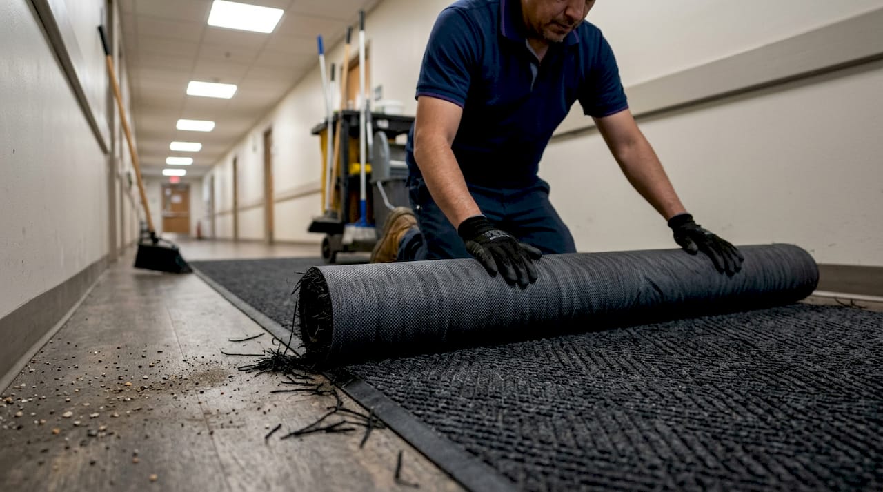 Custodian installing heavy-duty corridor mat