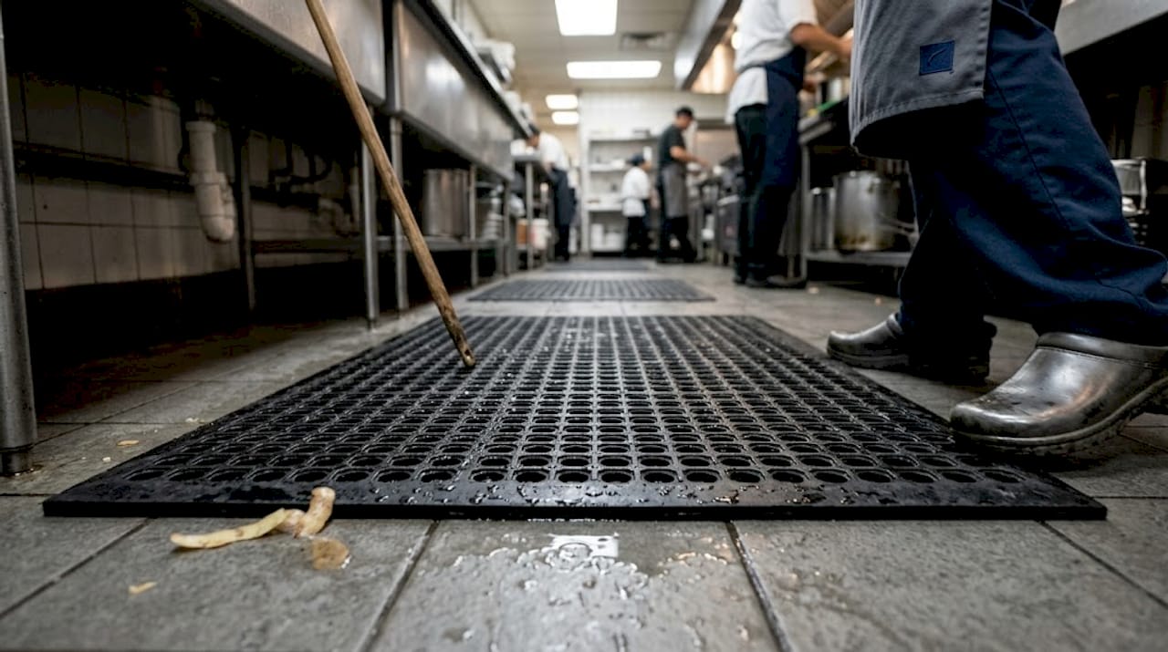 Close up of commercial kitchen mat drainage
