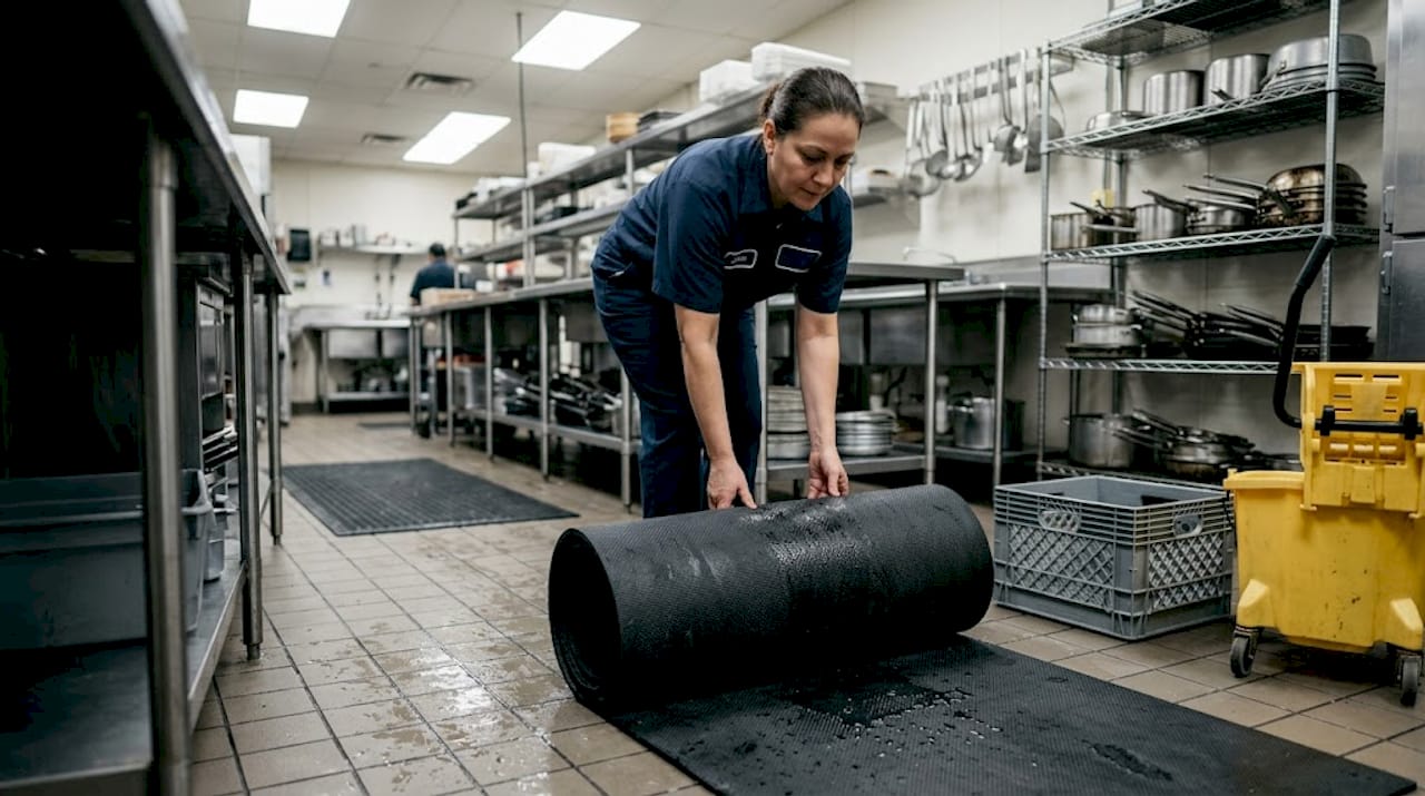 Staff rolling up anti-fatigue rubber mat