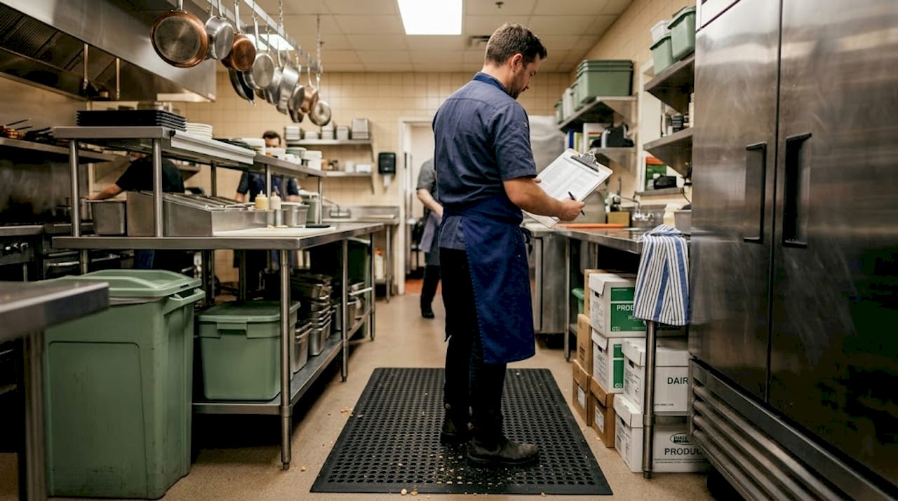 Kitchen staff checking inventory on non slip mat