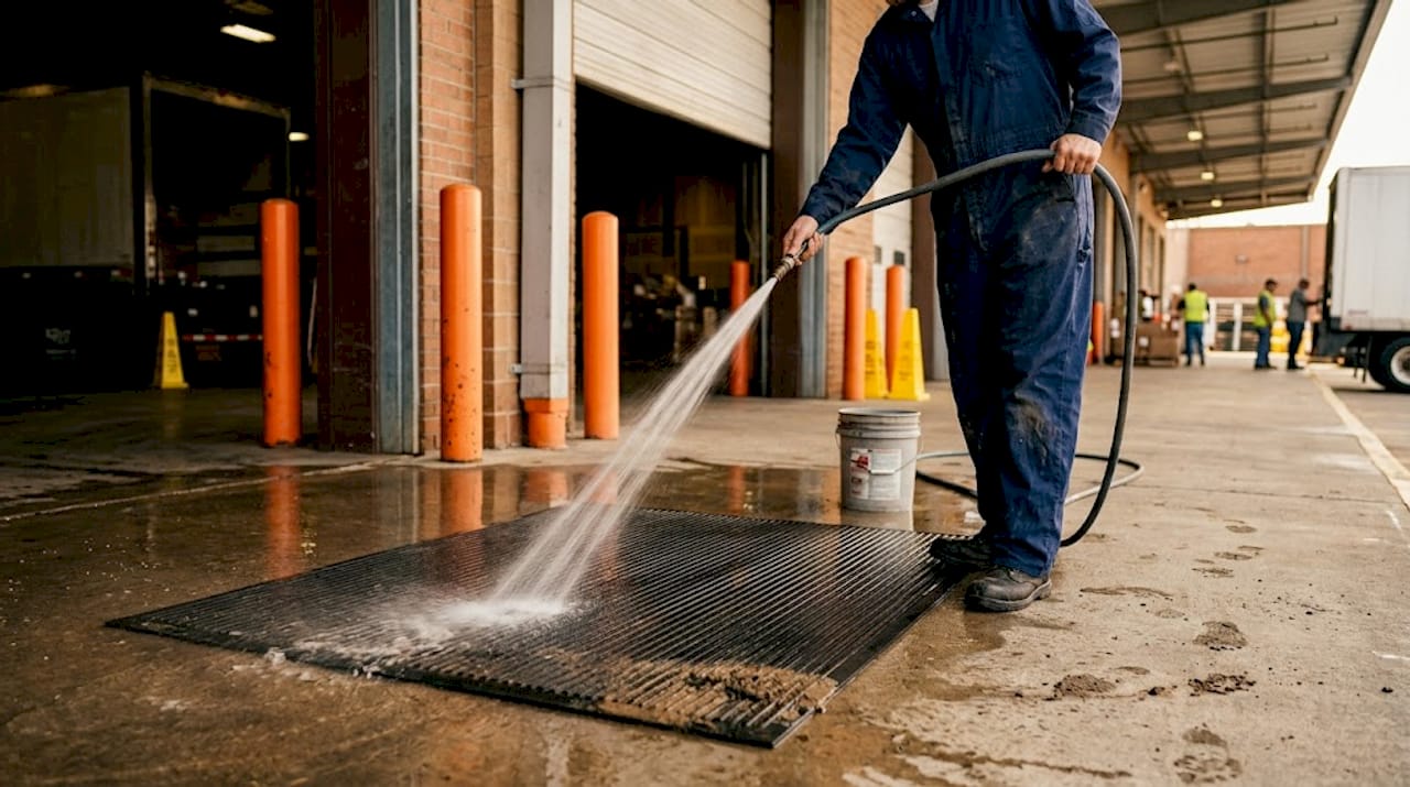 Worker cleaning rubber scraper mat at warehouse