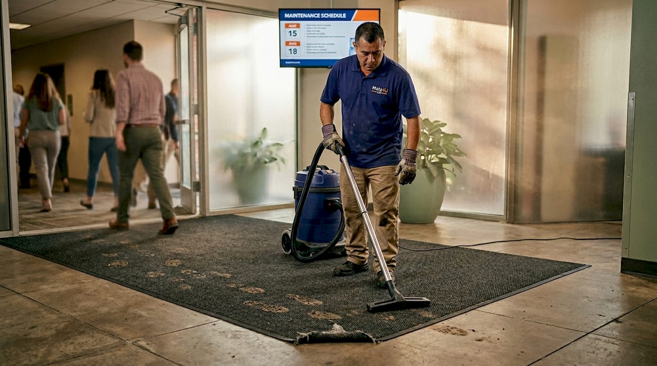 Staff vacuuming entrance mat in office