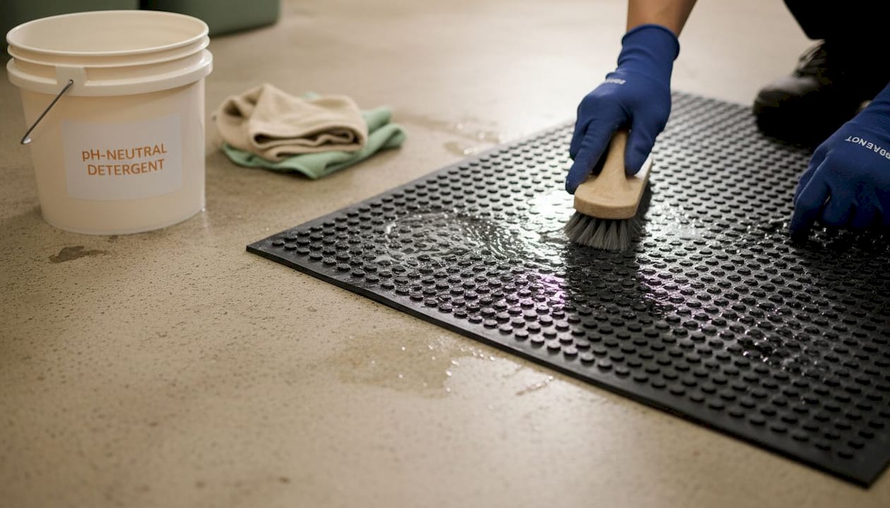 Hands brushing floor mat in maintenance room
