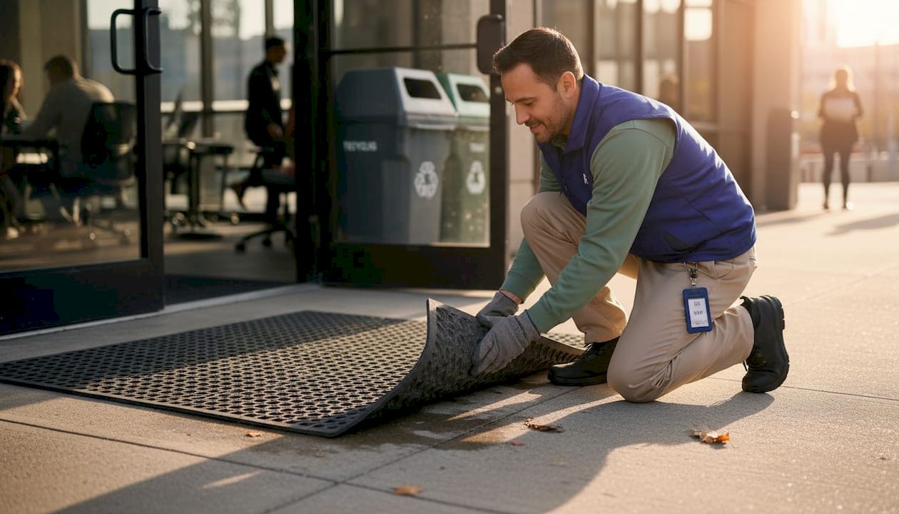 Janitor inspecting rubber entrance mat outside