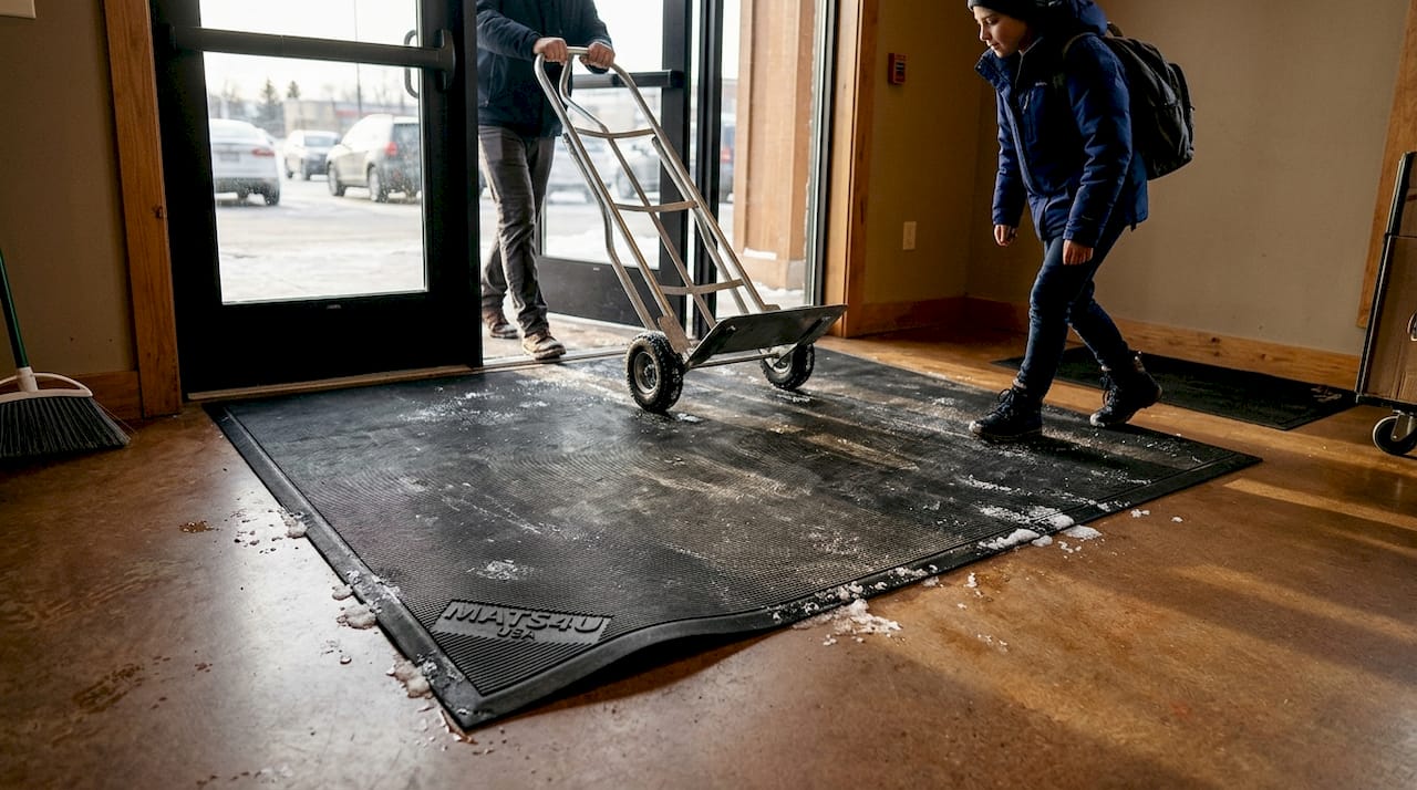 Heavy-duty heated mat in winter entryway with foot traffic