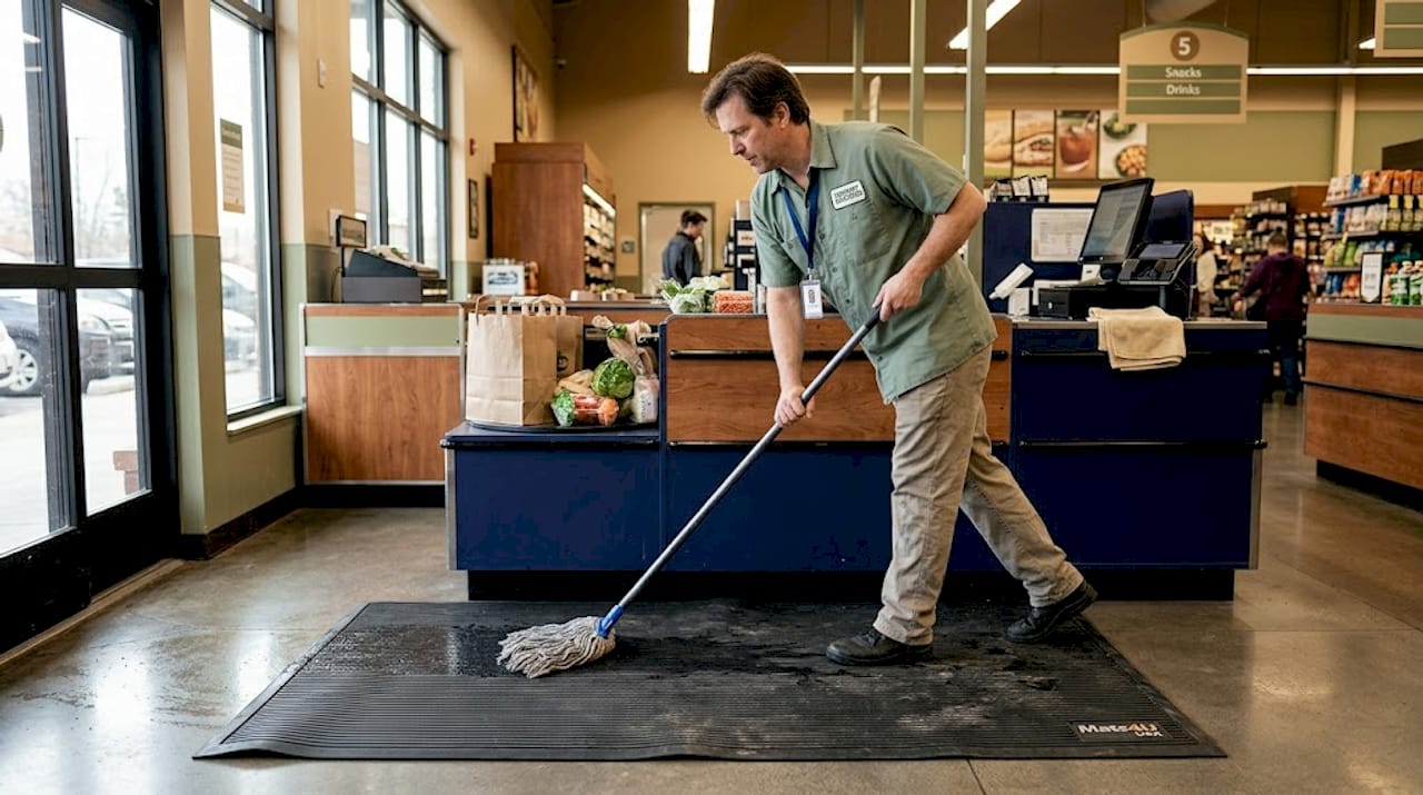 Retail worker cleaning rubber checkout mat