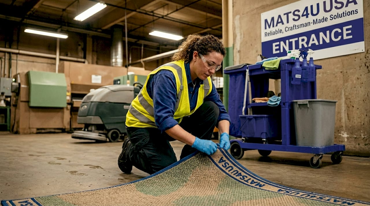 Janitorial lead inspects mat for curling in workplace