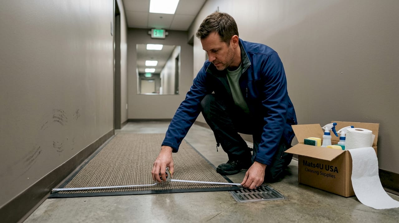 Supervisor checks mat fit near floor drain