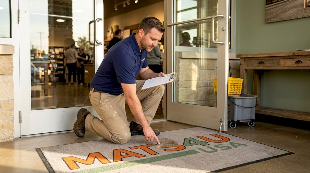 Technician inspecting inlaid logo mat durability