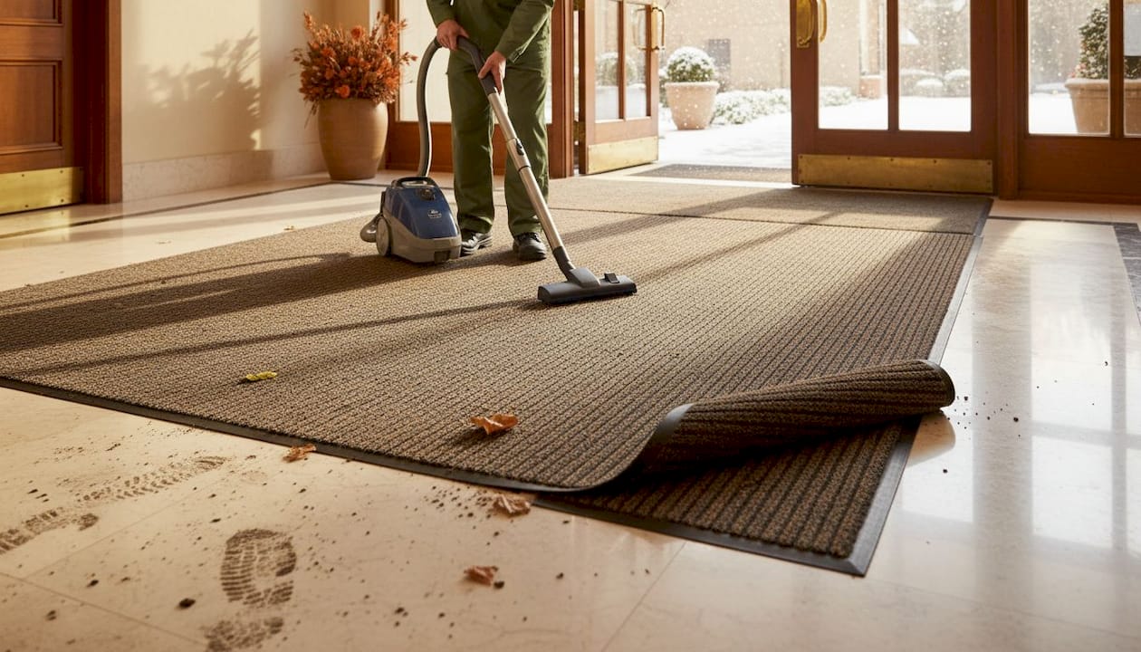 Janitor cleaning ribbed entry mat in lobby