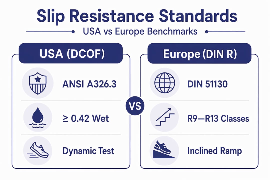 Infographic comparing slip resistance standards USA vs Europe