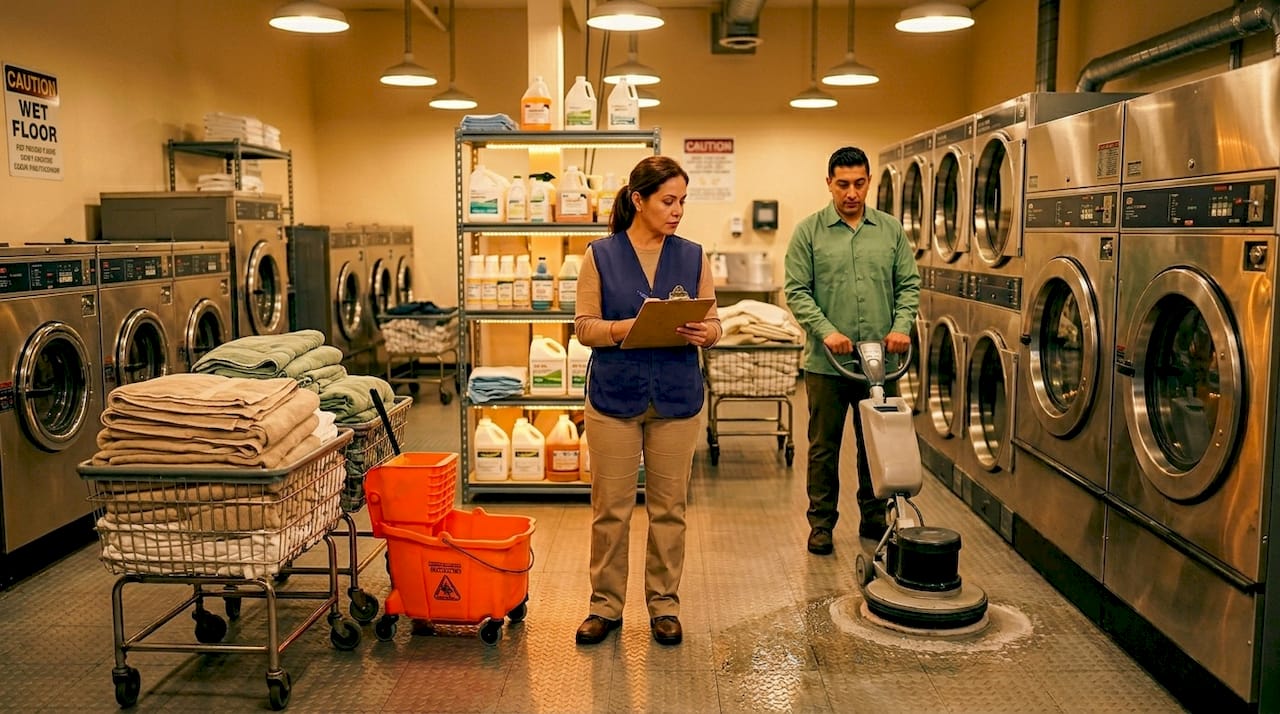 Supervisor overviews cleaning slip-resistant tiles