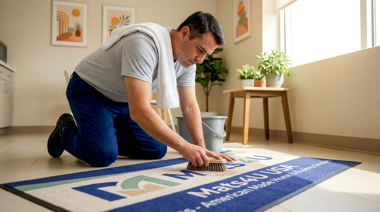 Janitor cleaning custom logo mat in corridor