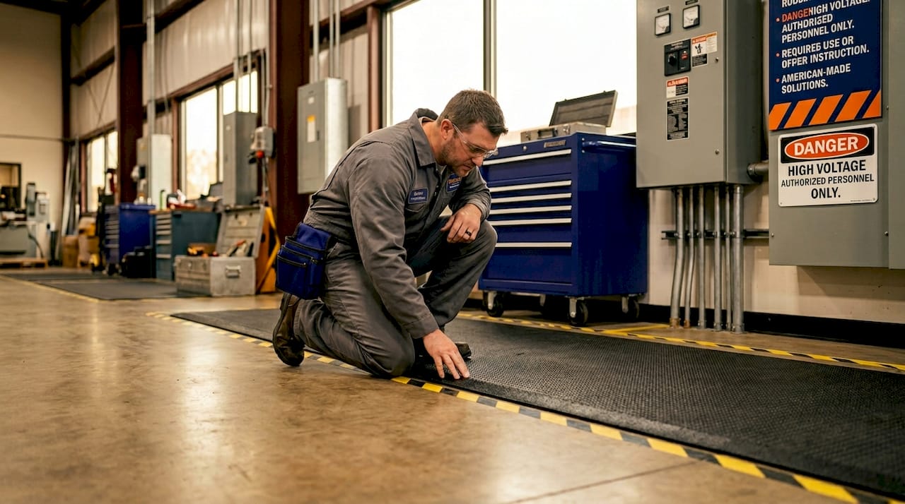 Worker checking industrial floor mat near switchgear