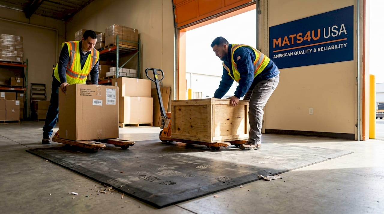 Warehouse workers using heavy-duty rubber mat