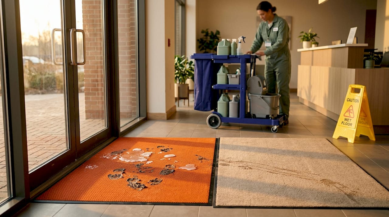 Multi-layer entrance mat system at office entryway