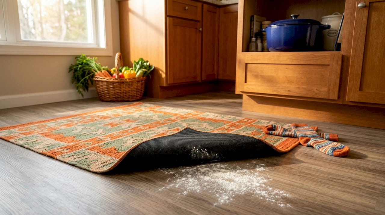 Close-up of fabric rug with rubber backing