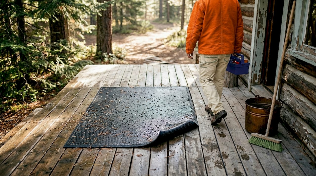 Outdoor mat with signs of environmental stress