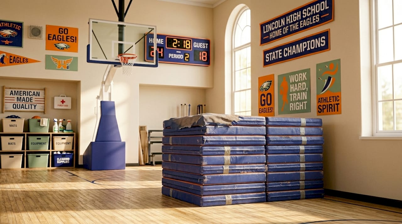 Stacked folding cheer mats gym storage