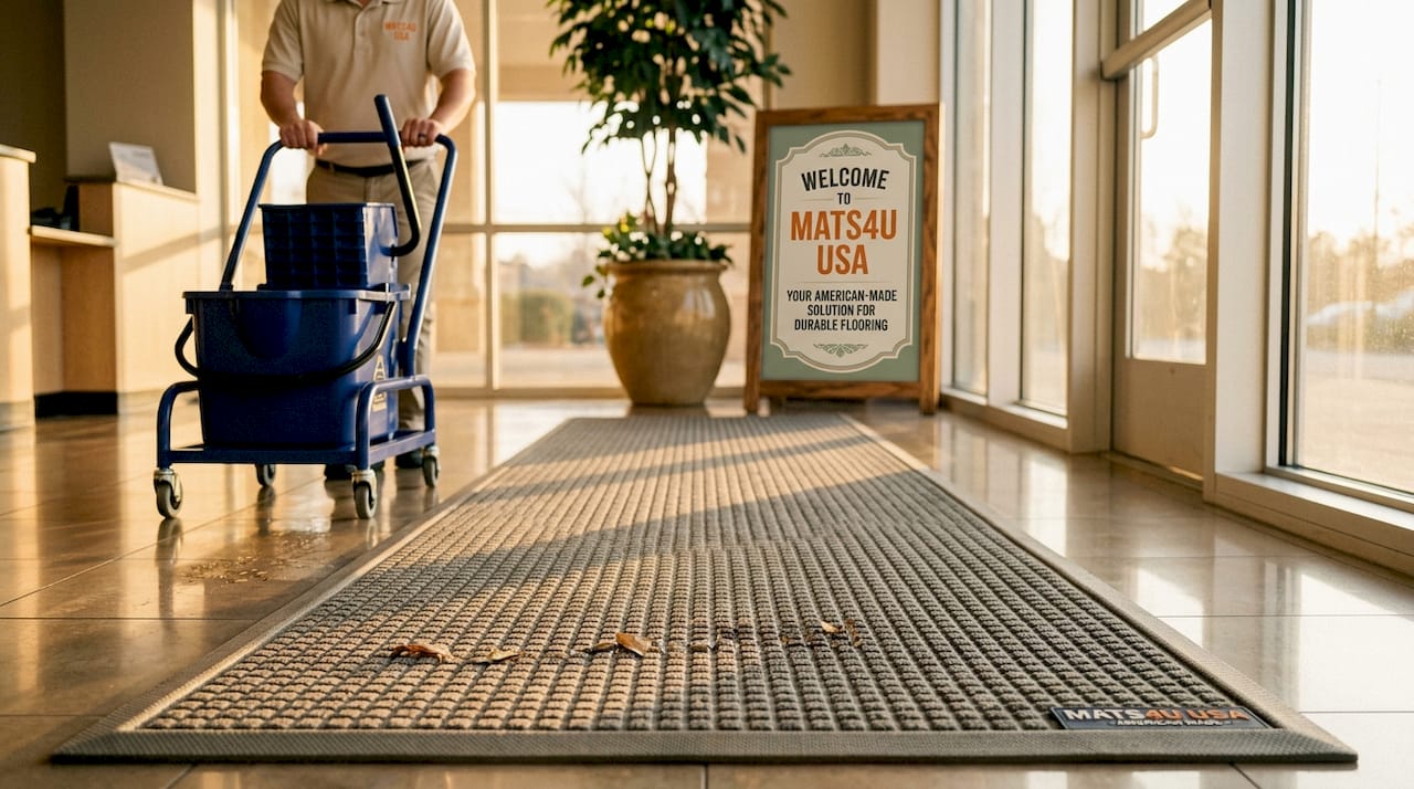 Store employee passing long runner mat in lobby