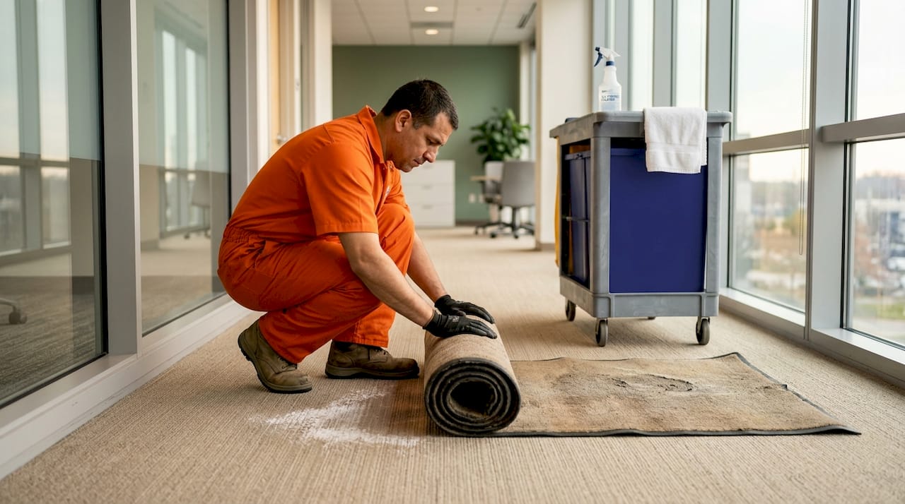 Janitor rolling up mat beside carpeted hallway