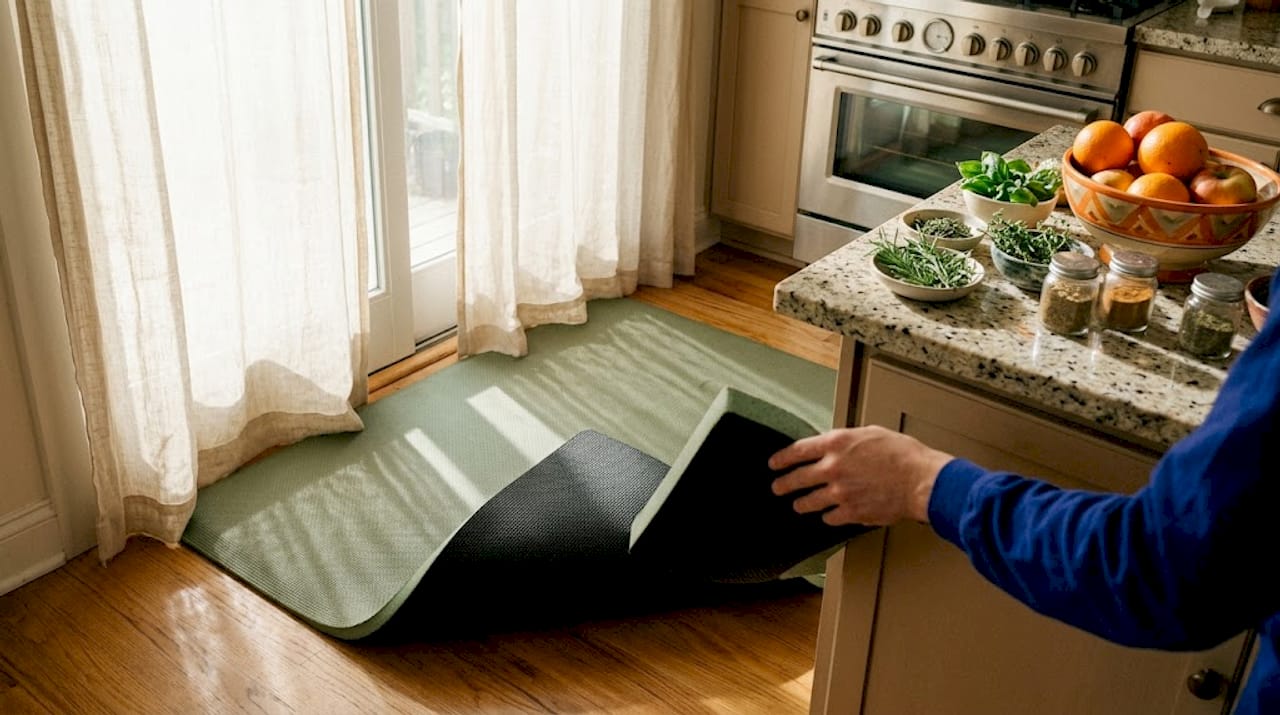 Close-up of cushioned kitchen rug backing