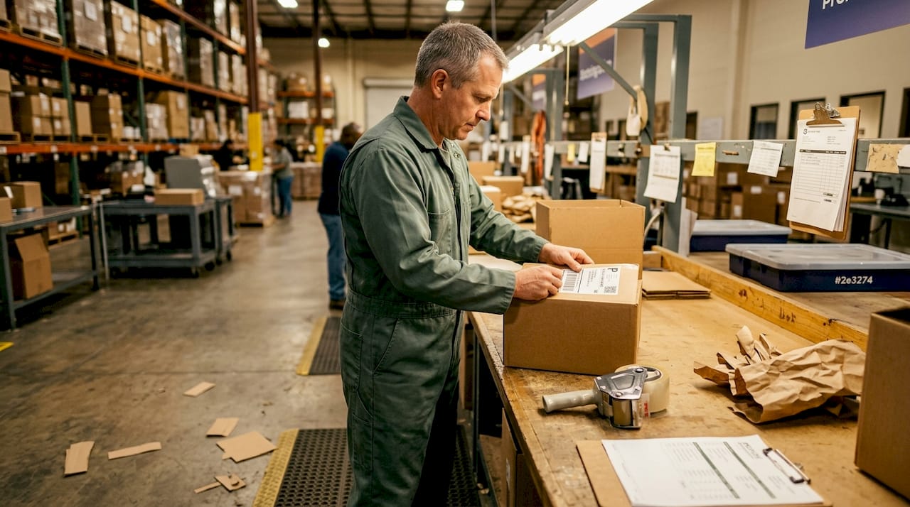 Warehouse employee working on anti-fatigue mat