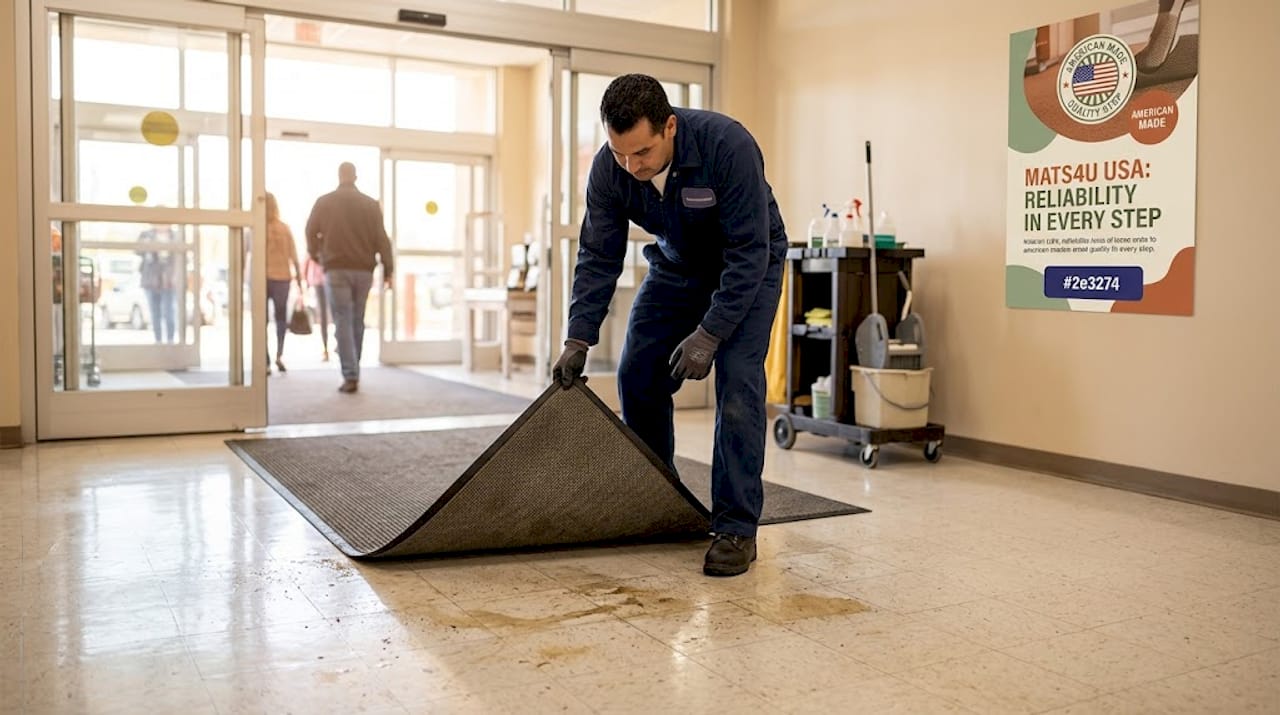 Worker checks floor under damp mat