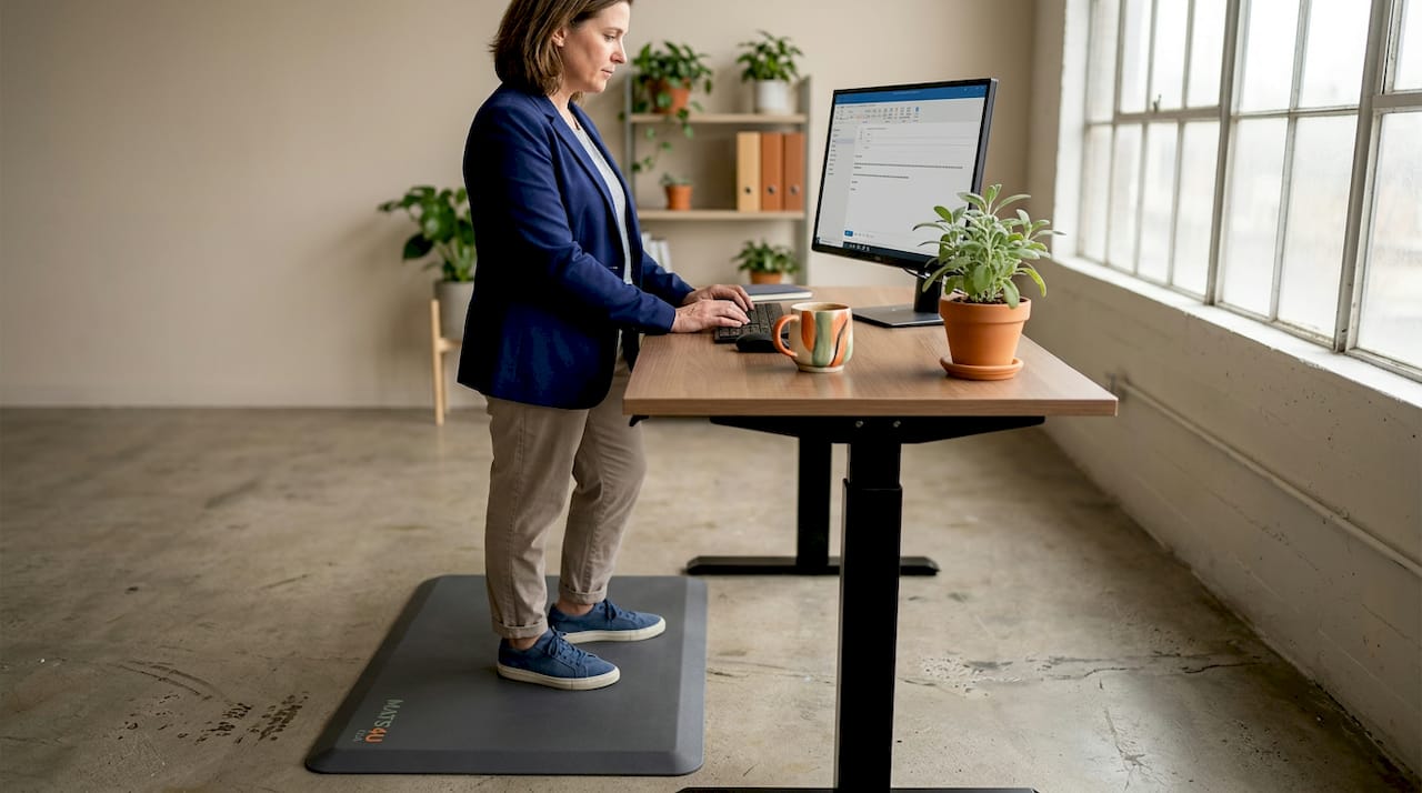 Standing employee using anti-fatigue mat