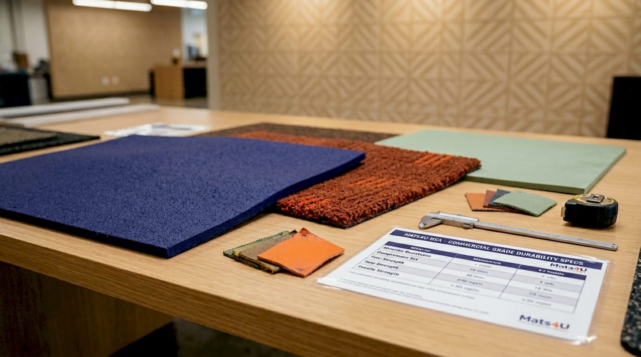 Commercial mat material samples on display table