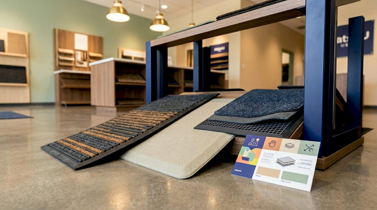 Various commercial floor mat types in showroom
