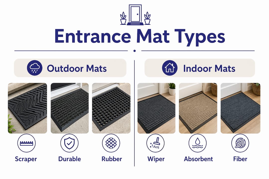 Infographic comparing outdoor scraper mats and indoor wiper mats